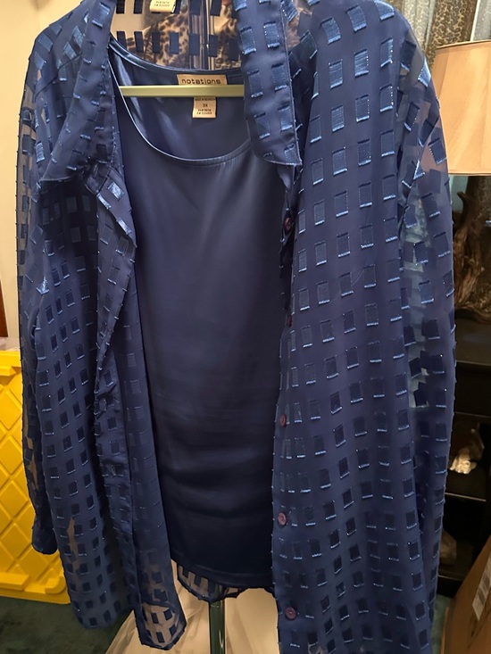 Notations Tops - Notations Blue Sheer Overlay Button-Down with Tank